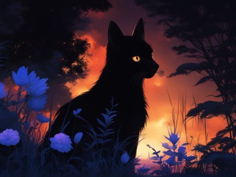 Silhouette of a Black Cat in a Mystical Twilight Garden