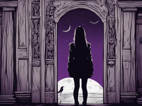 Silhouette of a Girl at an Ornate Doorway Under a Night Sky