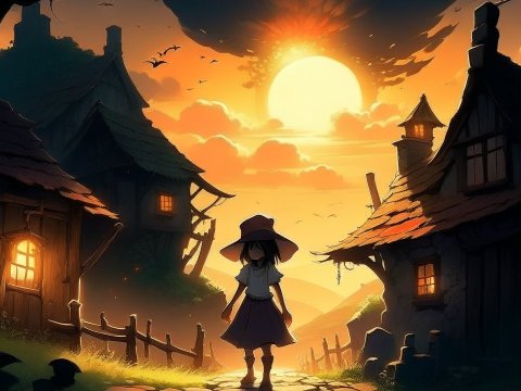 Silhouette of a Girl in a Village at Sunset