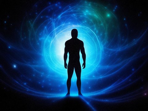 Silhouette of a Human Figure Against a Cosmic Blue Vortex