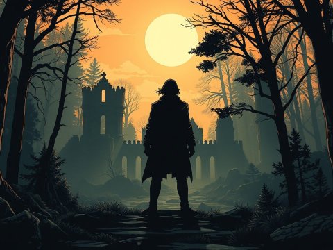 Silhouette of a Lone Figure Before a Ruined Castle at Sunset