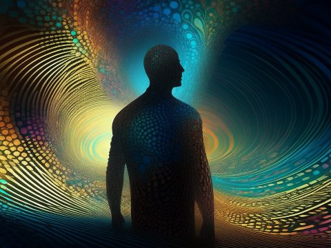 Silhouette of a Man Amidst Vibrant Abstract Patterns