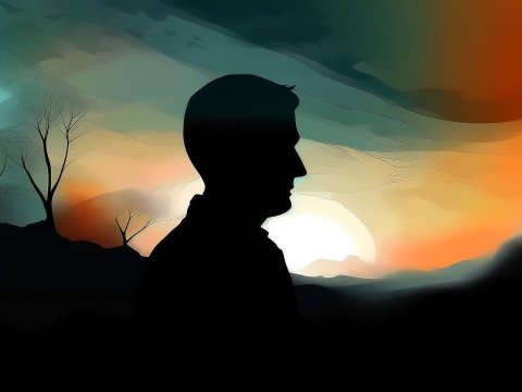 Silhouette of a Man at Sunset with Abstract Landscape