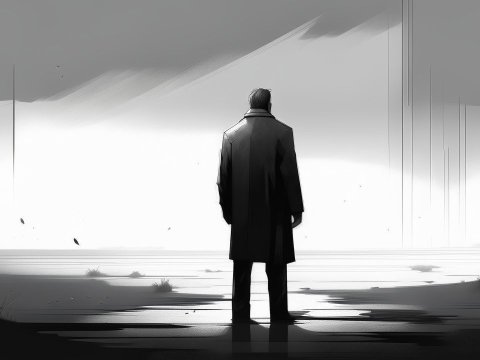 Silhouette of a Man in a Trench Coat Facing a Misty Landscape