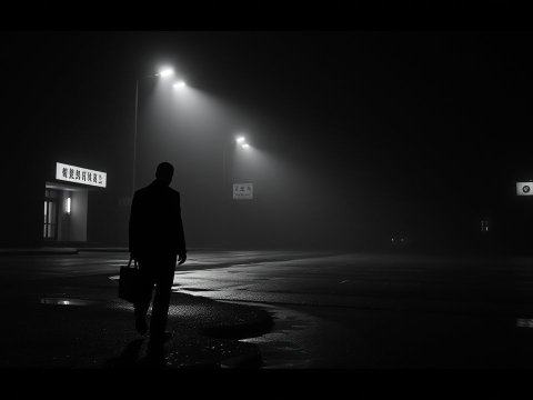 Silhouette of a Man Walking Alone on a Foggy Night
