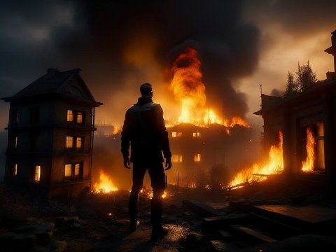 Silhouette of a Man Watching a Fiery Urban Inferno