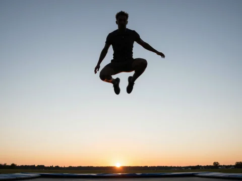 Silhouette of a Person Jumping on a Trampoline at Sunset