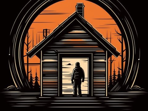 Silhouette of a Person Standing in a Cabin Doorway at Sunset