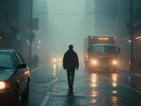Silhouette of a Person Walking on a Foggy City Street at Night