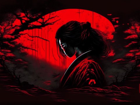 Silhouette of a Samurai Woman Against a Red Moon