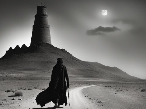 Silhouette of a Traveler Approaching Omani Dark Tower at Night