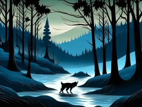 Silhouette of a Wolf in a Mystical Forest Stream