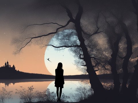 Silhouette of a Woman by a Lake with Castle and Full Moon