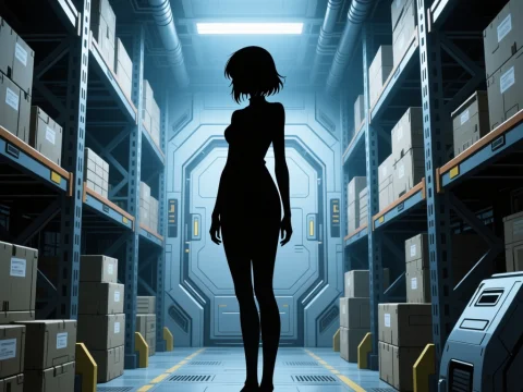 Silhouette of Anime Woman in Futuristic Storage Room