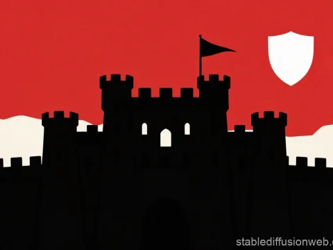 Silhouette of Black Fortress with Red Sky and Shield Emblem