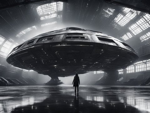 Silhouette of Girl Facing Massive Spaceship in Hangar