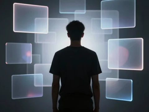 Silhouette of Person Interacting with Floating Digital Interfaces
