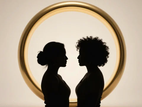 Silhouette of Two Women Embracing with Golden Ring Backdrop