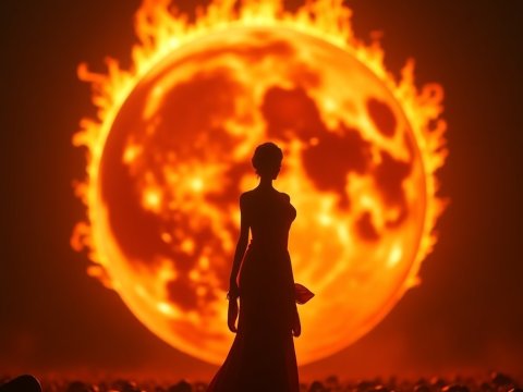 Silhouette of Woman Against Fiery Sun