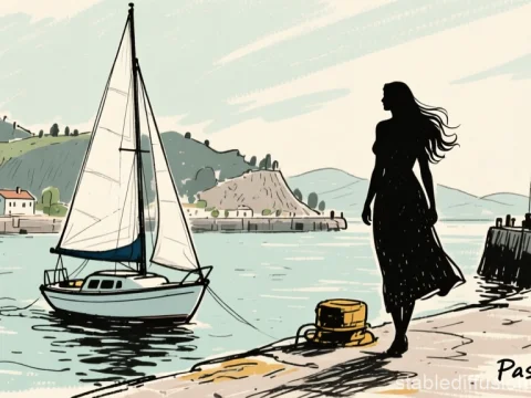 Silhouette of Woman by Sailboat in Harbor Sketch