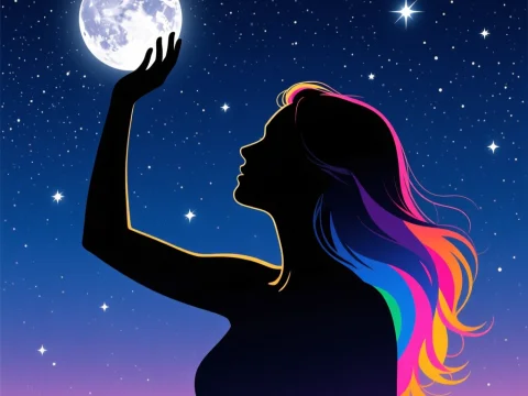 Silhouette of Woman Catching the Moon with Rainbow Hair