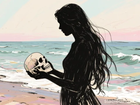 Silhouette of Woman Holding Skull by the Sea