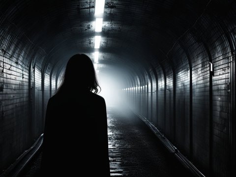 Silhouette of Woman in Dark Tunnel with Bright Light