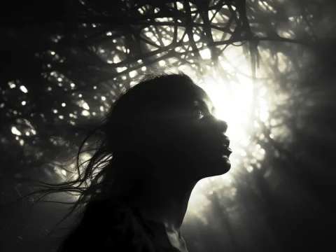Silhouette of Woman in Enchanted Forest Light