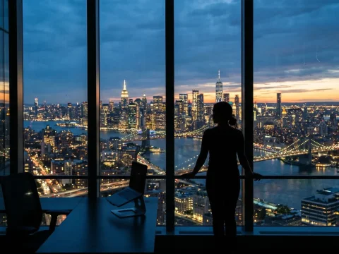 Silhouette of Woman Overlooking Cityscape at Dusk