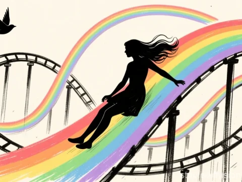 Silhouette of Woman Sliding Down a Rainbow Roller Coaster