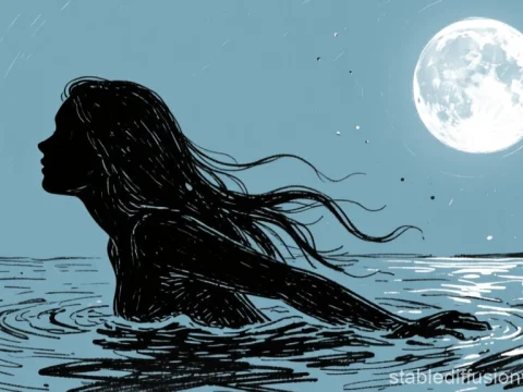 Silhouette of Woman Swimming Under Full Moon