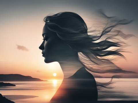 Silhouette of Woman with Flowing Hair at Sunset Over Ocean