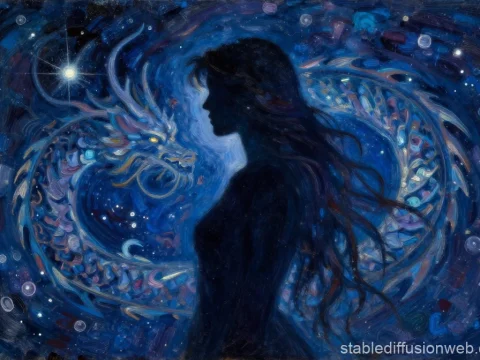 Silhouette of Woman with Mystical Dragon in Starry Night