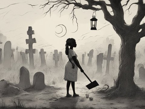 Silhouette of Woman with Shovel in Graveyard at Night