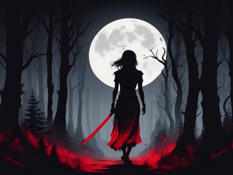 Silhouette of Woman with Sword Under Full Moon in Dark Forest