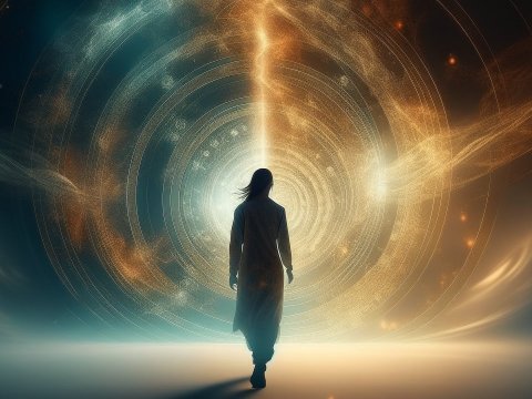 Silhouette Walking Into a Mystical Light Vortex