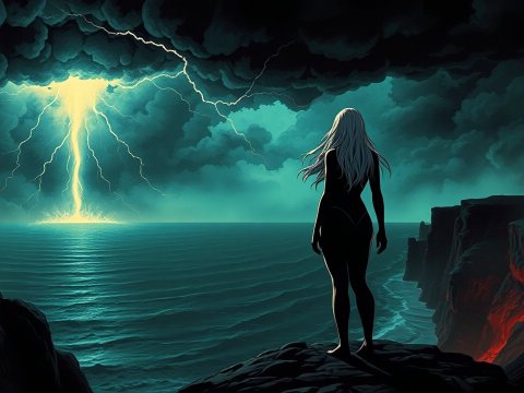 Silhouette Watching Psychedelic Lightning Over Ocean