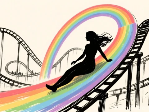 Silhouette Woman Sliding on a Rainbow Roller Coaster