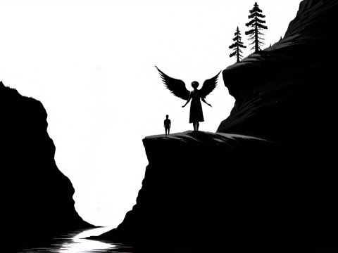Silhouetted Angel and Figure on Cliff Edge