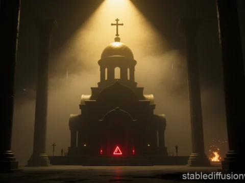 Silhouetted Church Illuminated by Divine Light in Futuristic Setting