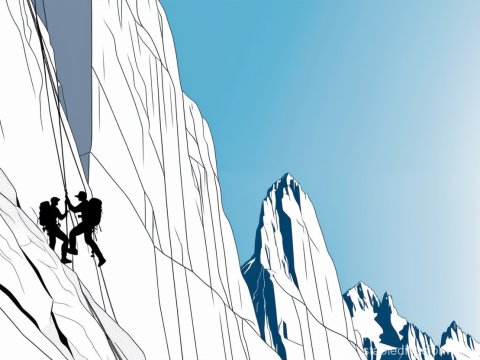 Silhouetted Climbers Scaling a Mountain Cliff