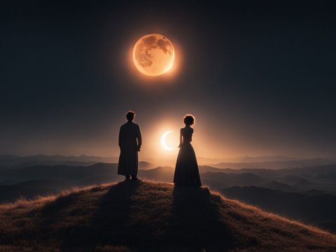 Silhouetted Couple Under Dual Moons on a Hilltop