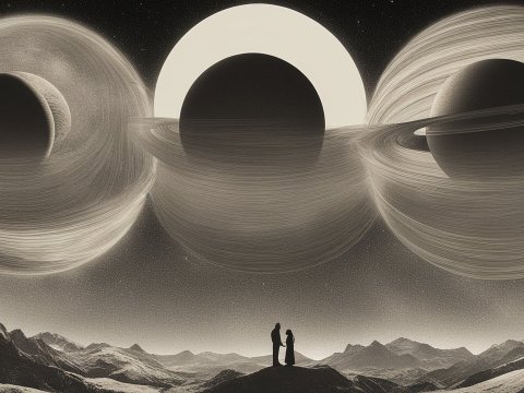 Silhouetted Couple Under Three Giant Ringed Planets