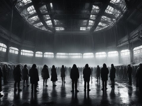 Silhouetted Crowd in a Vast Industrial Dome