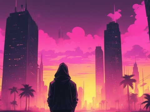 Silhouetted Figure in Neon Cityscape at Sunset