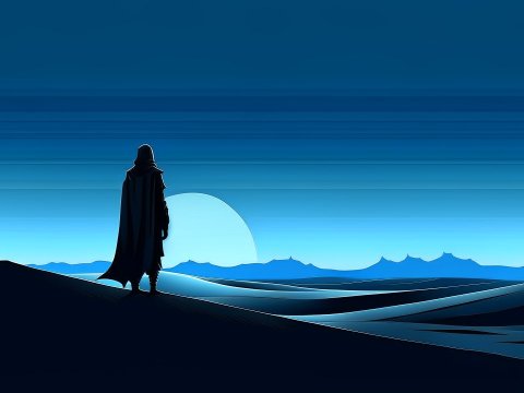 Silhouetted Figure Overlooking Minimalist Blue Desert Landscape