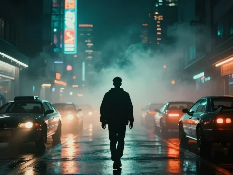Silhouetted Figure Walking on Neon-Lit Cyberpunk Street at Night