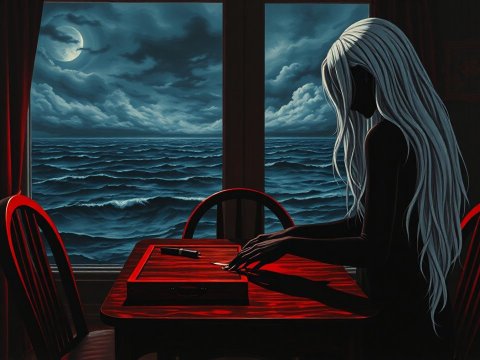 Silhouetted Figure with Long White Hair by Moonlit Ocean Window