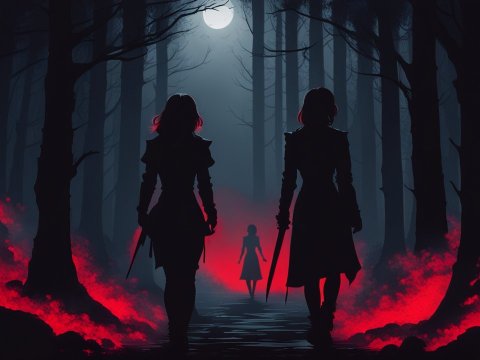 Silhouetted Figures in a Moonlit Forest with Red Mist