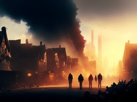 Silhouetted Figures Walking Through a Burning Village at Sunset